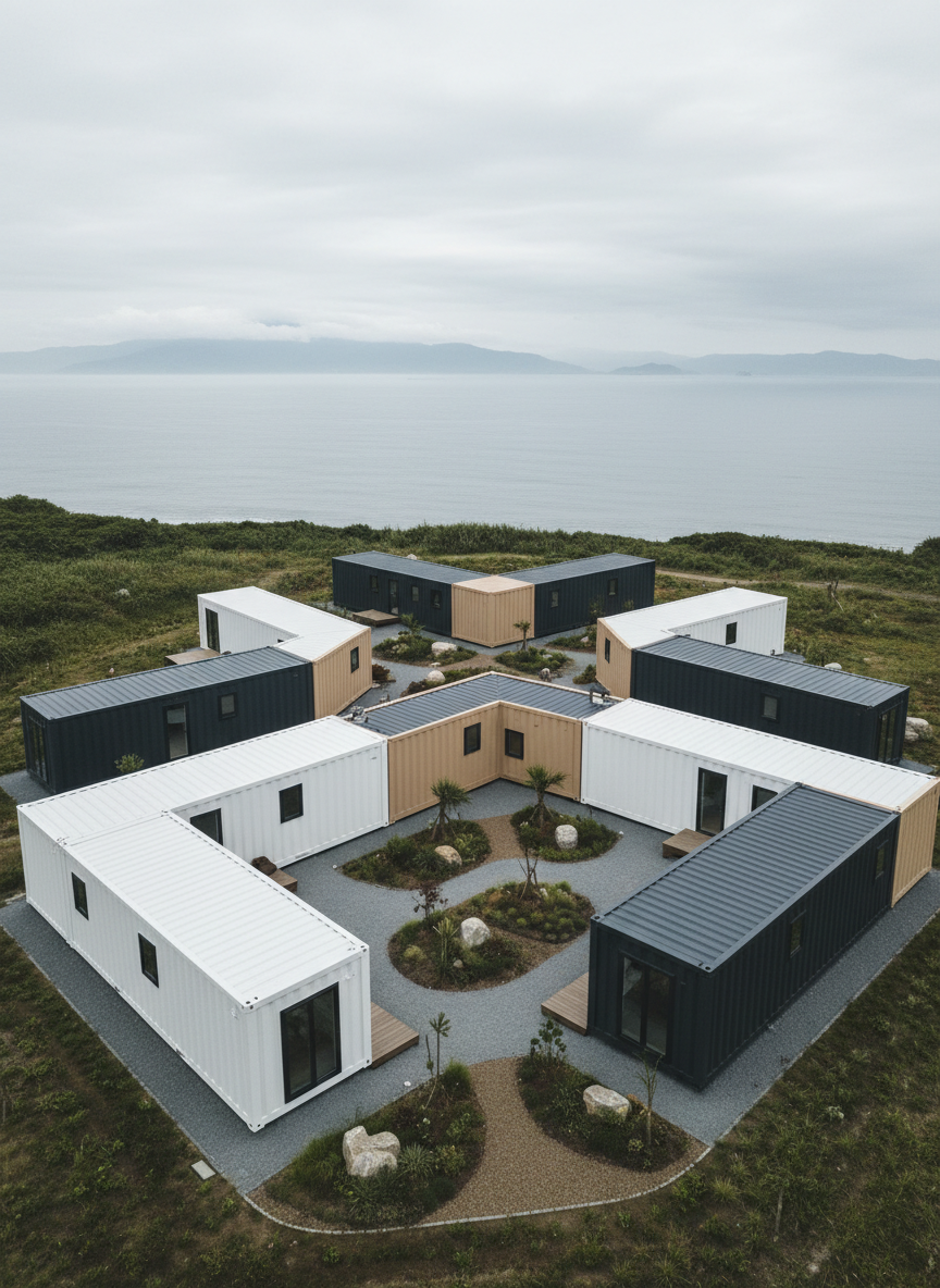 An aerial, photographic view of a compact CITYPODS community arranged near Hualien’s coastline. Several modular units in muted white, sand, and slate-gray tones form a subtle zigzag pattern, creating small semi-private courtyards with low native plants, gravel paths, and a few sculptural rocks. In the distance, a softened horizon shows the blue-gray sea and faint mountain silhouettes under an overcast sky. The diffused daylight yields gentle, shadowless lighting that emphasizes the clean geometry of the pods and their container-like architecture. High-resolution, top-down composition with sharp focus, conveying order, calm, and scalability. No people or vehicles are visible; the scene feels like a tranquil, self-contained micro-village designed for digital nomads, blending modular innovation with the natural surroundings of Hualien.