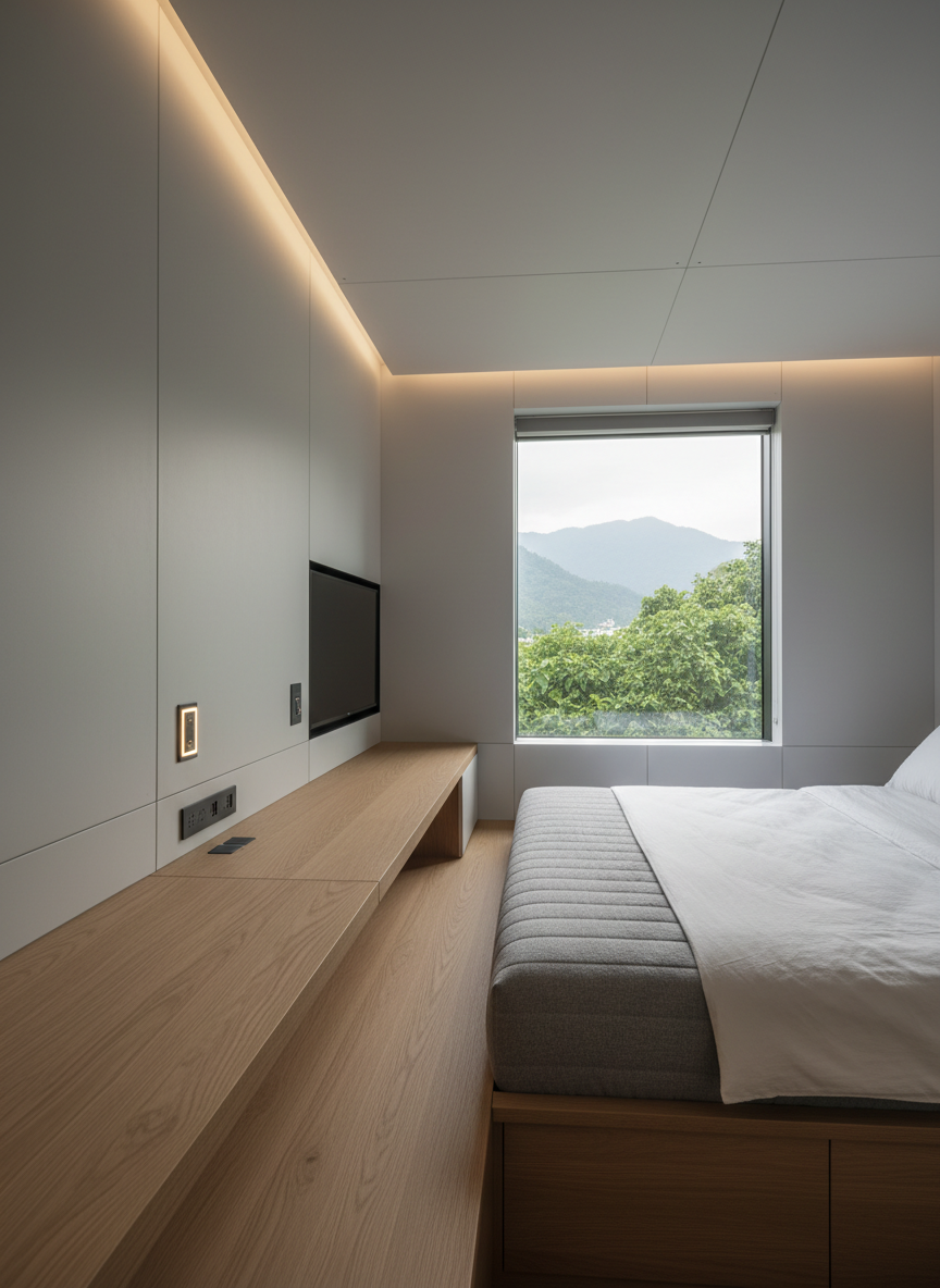 An elegant CITYPODS smart interior seamlessly blending living and working space inside a modular unit. A built-in matte oak platform bed transitions into a streamlined workbench with integrated cable management and a thin, unlit screen. The walls are smooth, light gray panels with subtle seams and embedded touch-sensitive controls that glow faintly. A large window frames a softened view of Hualien’s greenery and distant hills. Soft diffused daylight filters in, complemented by a discreet warm LED strip running along the ceiling edge, creating gentle, layered shadows. Photographic realism, shot at eye level with a slightly wide lens, balanced composition emphasizing clean lines, calm, and efficiency. The mood is serene, high-tech, and hotel-like, ideal for long-stay digital nomads seeking quiet focus.