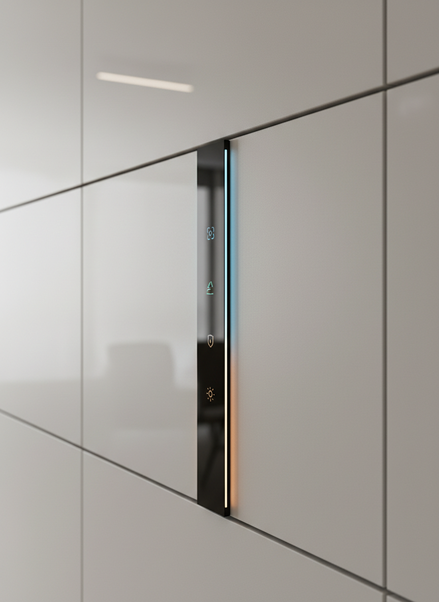 A detailed close-up of CITYPODS smart controls embedded in a modular wall panel. The wall surface is smooth, matte off-white with a fine texture, intersected by precise vertical seams. A narrow, frameless black glass strip runs vertically, displaying subtle glowing icons and a soft gradient of light suggesting climate, security, and lighting control, without any readable text. Reflections hint at a minimalist interior behind the viewer. Soft, indirect LED lighting from above creates gentle highlights on the glass and delicate shadows along the panel seams. Photographic realism with a shallow depth of field, captured at a slight angle to emphasize depth and materials. The mood is quietly futuristic and intuitive, communicating advanced technology integrated seamlessly into the living shell of the modular space.