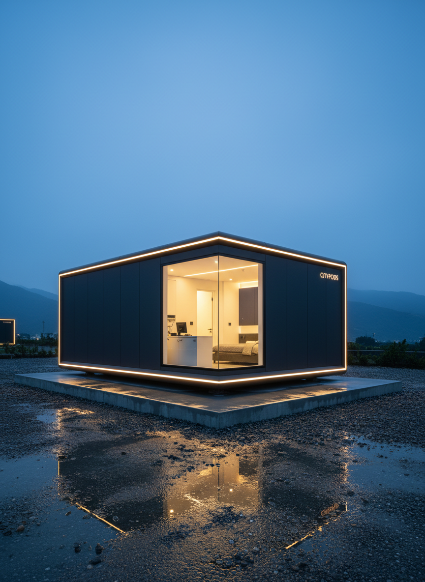 A twilight exterior of a single CITYPODS unit standing slightly elevated on a neat concrete plinth, surrounded by wet gravel that subtly reflects light after rain. The pod has a matte dark graphite shell with crisp edges, softened by a warm golden glow spilling from a large corner window, revealing hints of a tidy interior. Thin, continuous LED strips trace along the roofline and base, emphasizing the precise modular form. The sky is deep blue with lingering dusk light, and vague silhouettes of Hualien’s mountains sit low on the horizon. Photographic realism, three-quarter angle, with controlled contrast and rich reflections on damp surfaces. The mood is secure, inviting, and quietly futuristic, suggesting a safe smart haven for short-stay guests and traveling entrepreneurs.